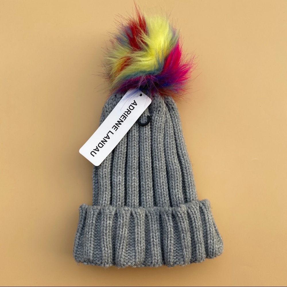 New ADRIENNE LANDAU Rainbow Pom gray beanie hat
